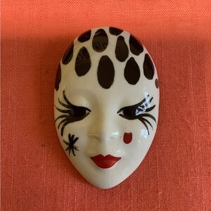 Hand Painted Harlequin Clown Brooch - 1980s